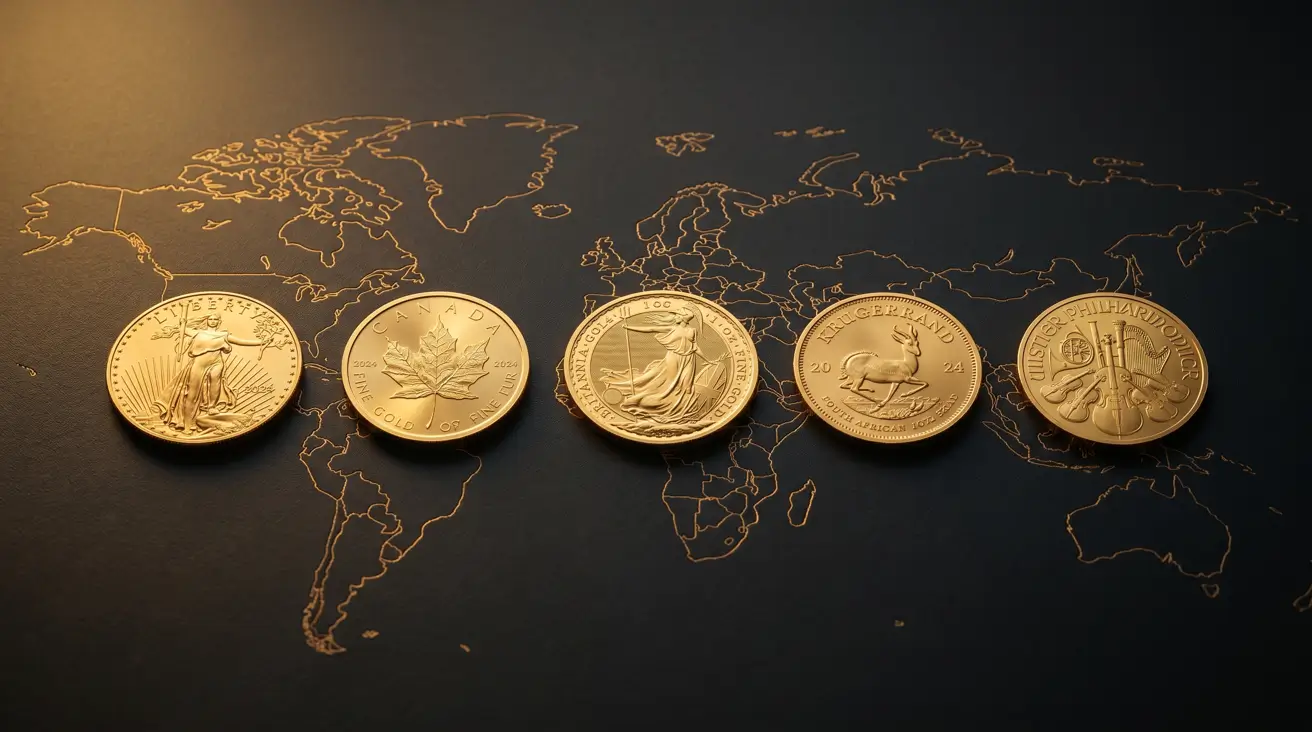A row of the best gold bullion coins to invest in, including the American Gold Eagle and Canadian Maple Leaf, displayed on a dark background with a golden world map.