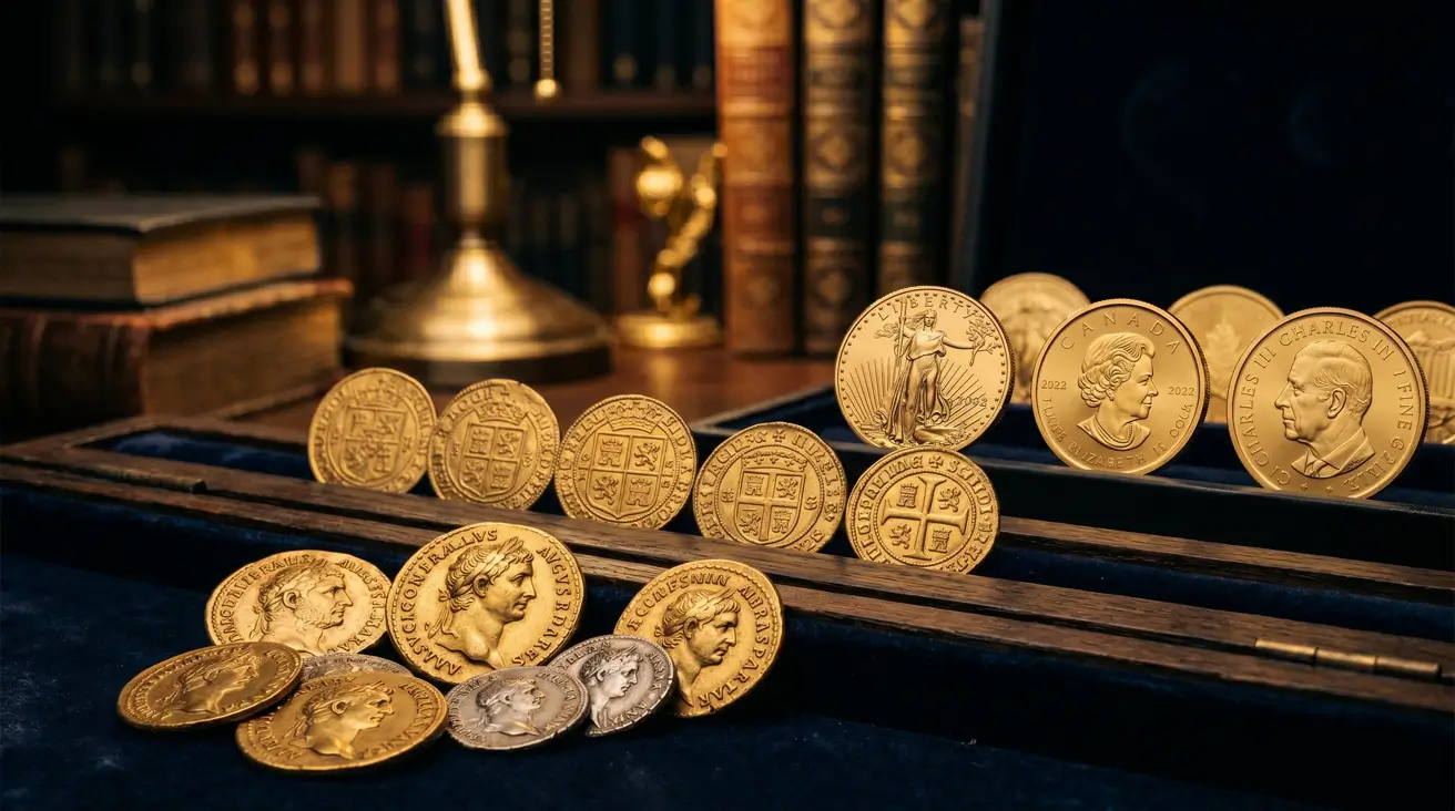 A collection of physical gold bullion coins in a wooden display box, representing physical gold investing for beginners.
