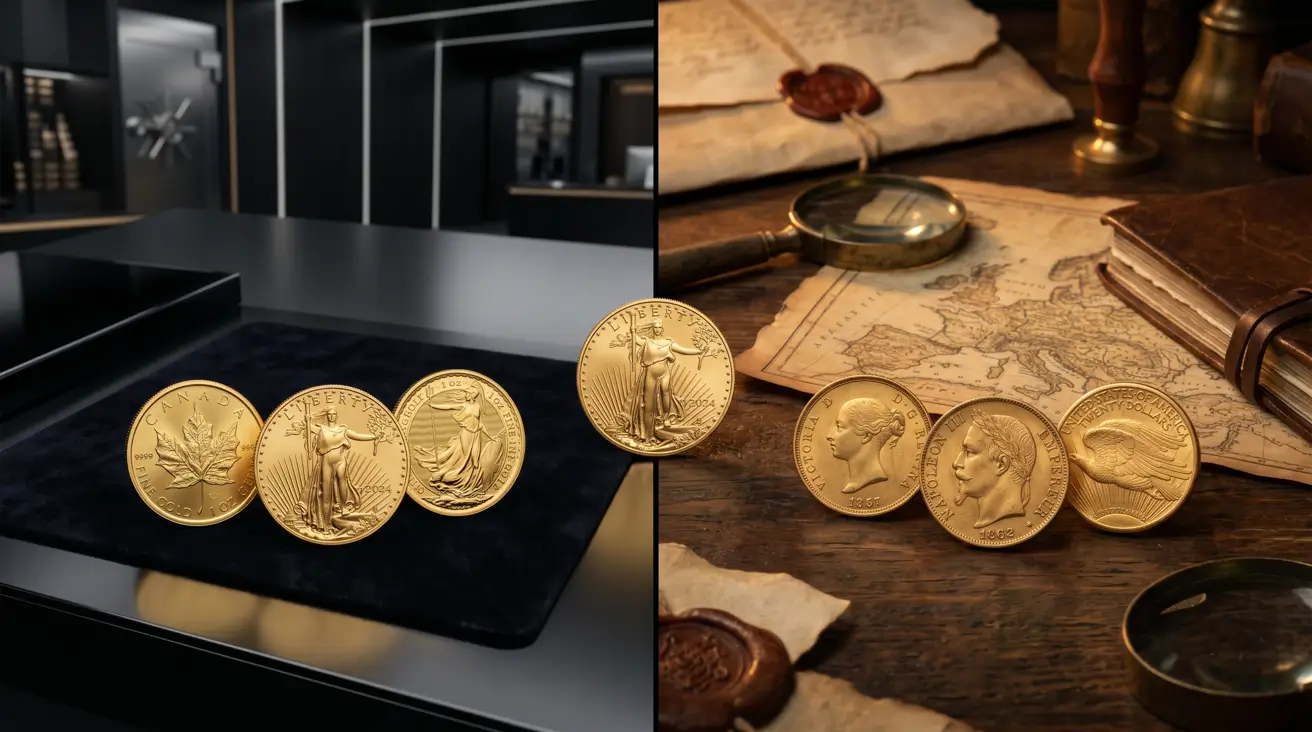 A split-screen visual comparison showing modern gold bullion coins on a sleek dark counter next to historical gold coins on a vintage wooden desk with an old world map and magnifying glass.