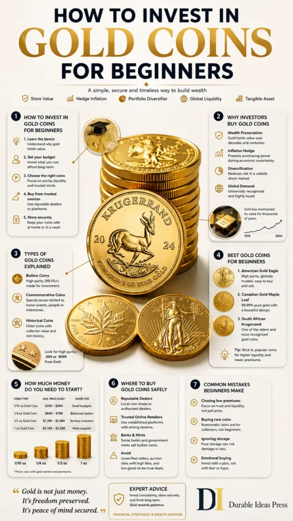 Infographic titled How to Invest in Gold Coins for Beginners, breaking down physical gold investing tips and the best gold coins.