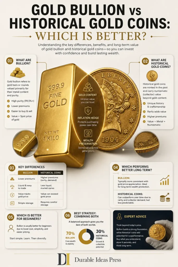 Numismatic Coins Explained: Best Gold Coin Investment Educational infographic titled Gold Bullion vs Historical Gold Coins: Which Is Better, featuring a comparison table, a 70% bullion to 30% historical coins portfolio chart, and expert investment advice.