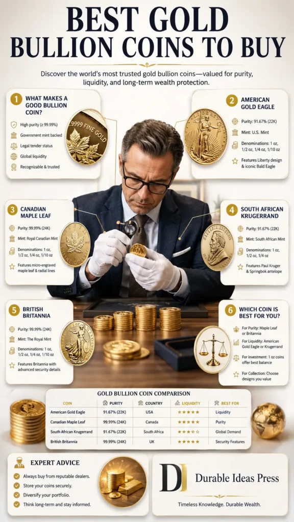 Infographic comparing top gold bullion coins and the safest gold coins to buy, featuring a comparison table of purity, country of origin, and global liquidity for investor portfolios.