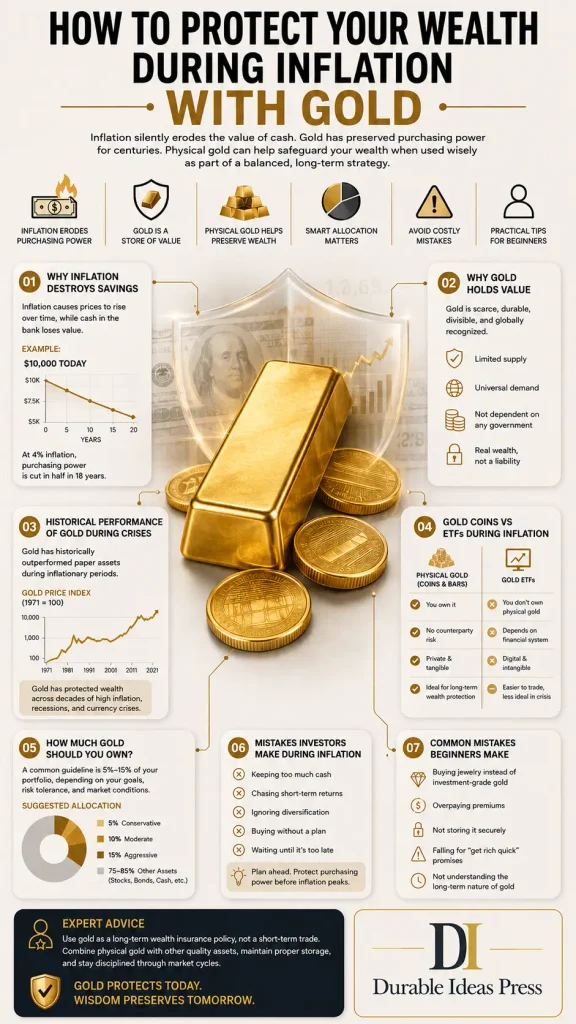 Infographic explaining how gold can help protect wealth from inflation, including gold as a safe haven asset, portfolio allocation, and common investor mistakes.
Description: Educational infographic showing how inflation reduces purchasing power and how gold can function as an inflation hedge and safe haven asset. It covers why gold holds value, its historical behavior during financial crises and recessions, physical gold coins versus ETFs, portfolio allocation, and common mistakes investors should avoid.
