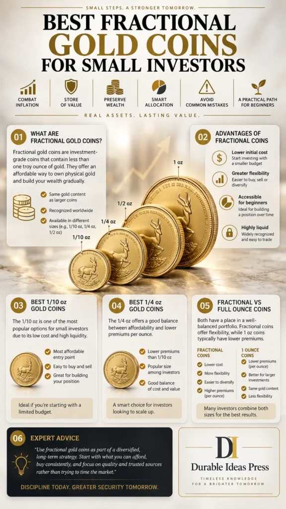 Infographic comparing 1/10 oz, 1/4 oz, 1/2 oz and 1 oz gold coins for small investors