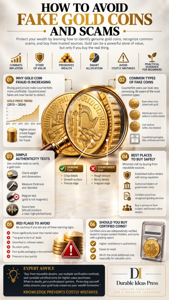 Infographic showing how to identify fake gold coins using visual inspection, weight, dimensions, magnet testing and other authenticity checks