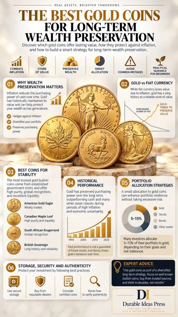 Infographic comparing gold bullion coins for long-term wealth preservation, including the Canadian Maple Leaf, Austrian Philharmonic, American Gold Eagle, and Mexican Libertad, with information on inflation, portfolio allocation, and secure storage.